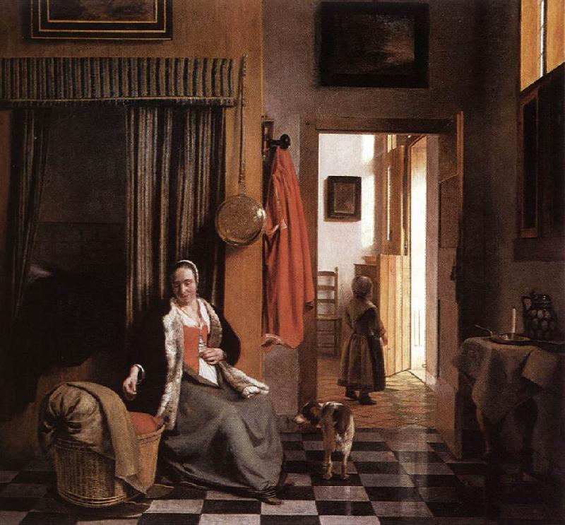 HOOCH, Pieter de Mother Lacing Her Bodice beside a Cradle s oil painting picture